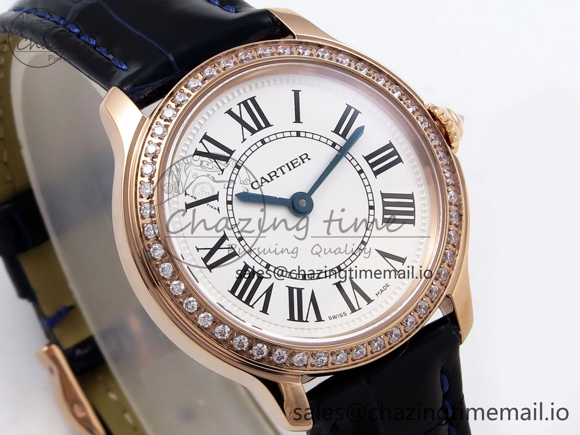 Ronde Louis Cartier 29mm RG DRF 1:1 Best Edition Sandblasted Beige Dial Diamonds Bezel on Blue Leather Strap Ronda Quartz