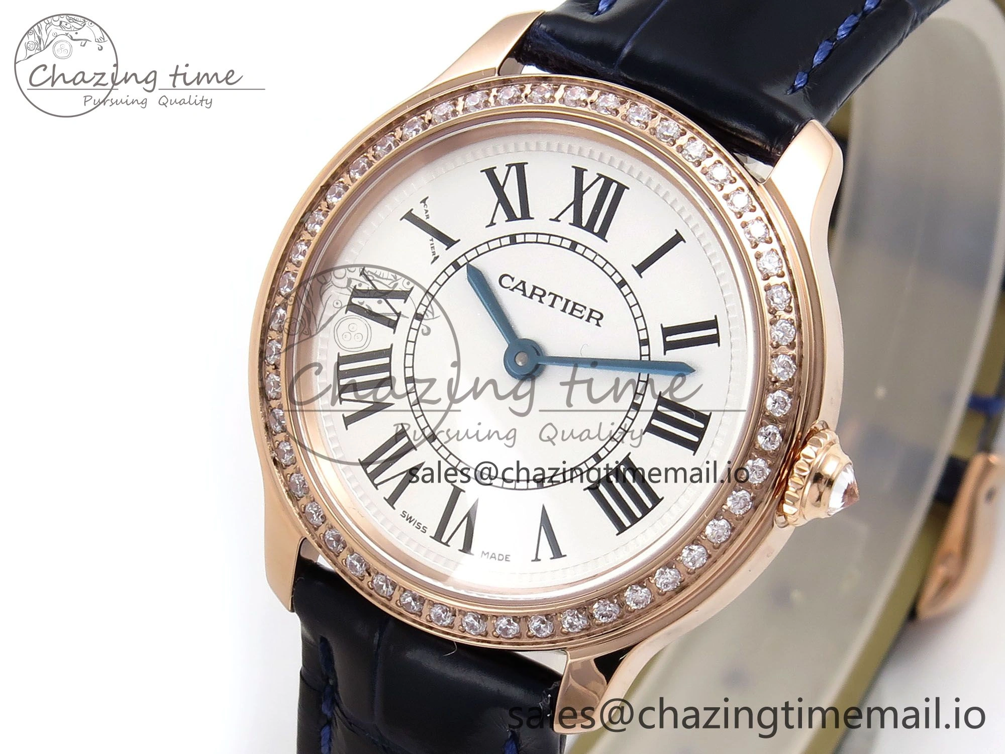 Ronde Louis Cartier 29mm RG DRF 1:1 Best Edition Sandblasted Beige Dial Diamonds Bezel on Blue Leather Strap Ronda Quartz
