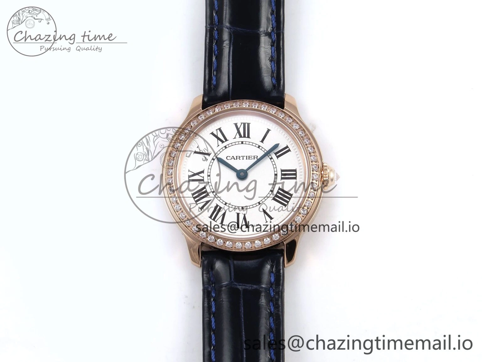 Ronde Louis Cartier 29mm RG DRF 1:1 Best Edition Sandblasted Beige Dial Diamonds Bezel on Blue Leather Strap Ronda Quartz