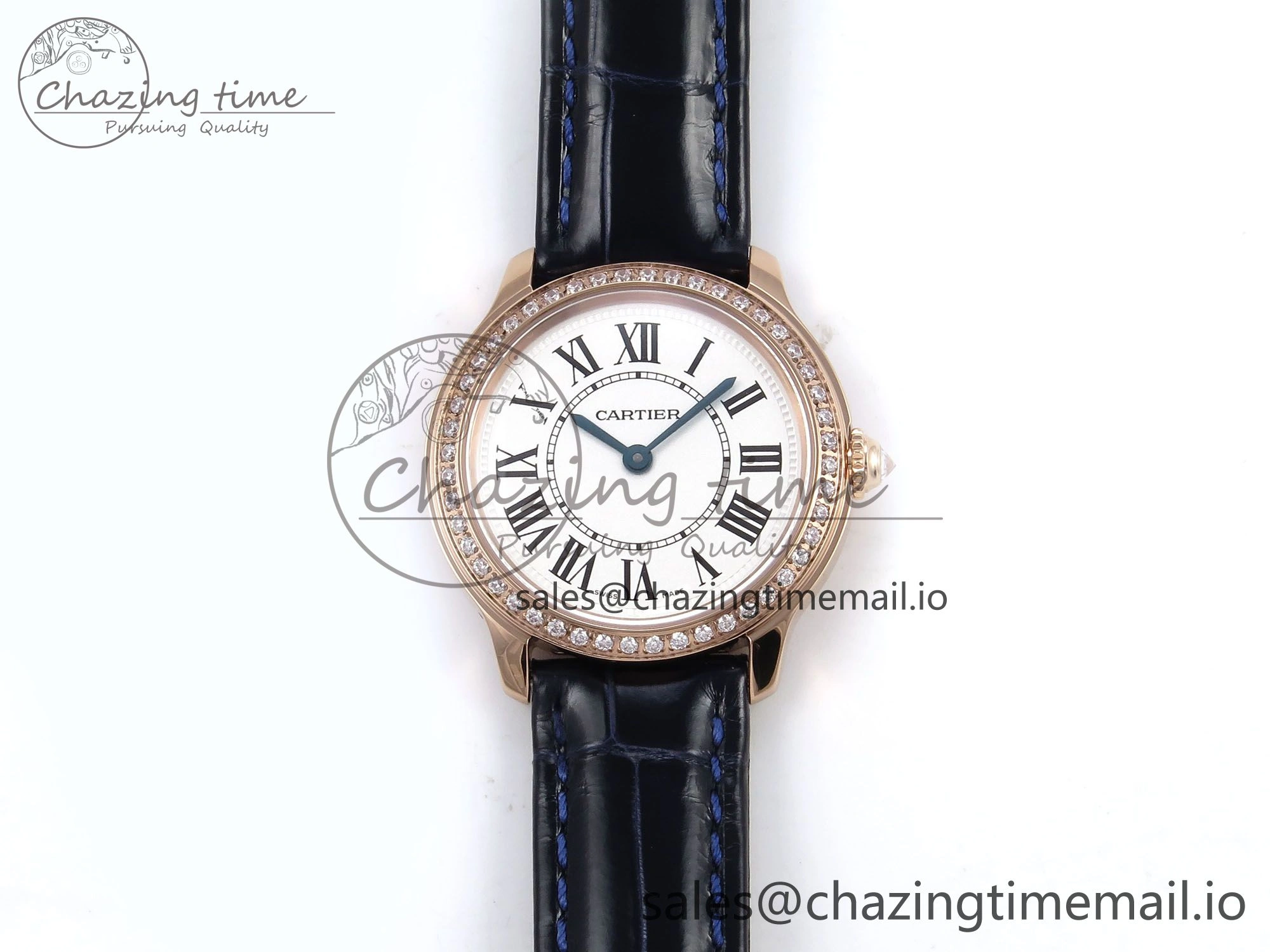Ronde Louis Cartier 29mm RG DRF 1:1 Best Edition Sandblasted Beige Dial Diamonds Bezel on Blue Leather Strap Ronda Quartz