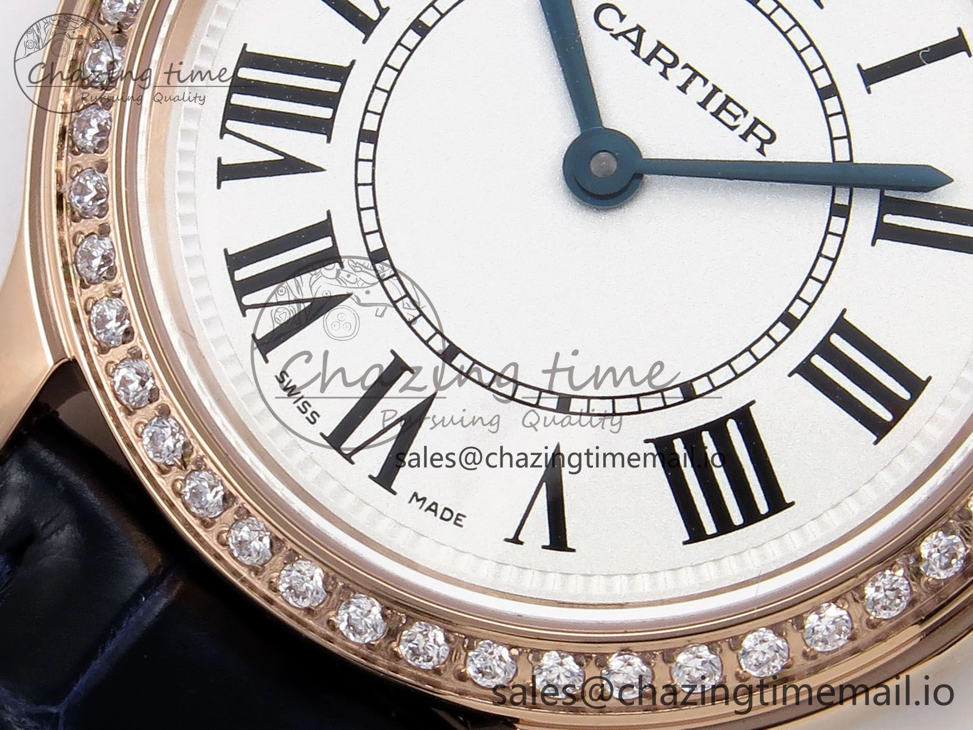 Ronde Louis Cartier 29mm RG DRF 1:1 Best Edition Sandblasted Beige Dial Diamonds Bezel on Blue Leather Strap Ronda Quartz