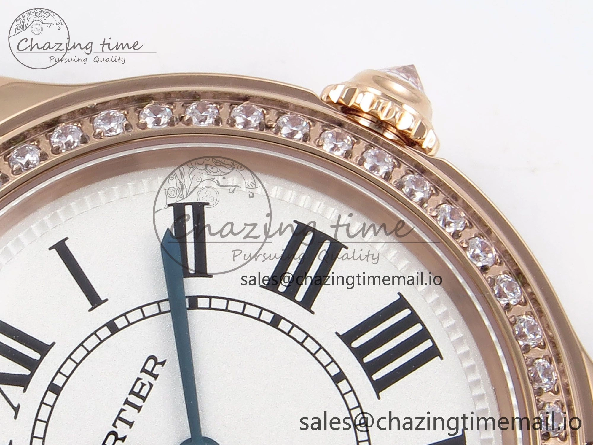Ronde Louis Cartier 29mm RG DRF 1:1 Best Edition Sandblasted Beige Dial Diamonds Bezel on Blue Leather Strap Ronda Quartz
