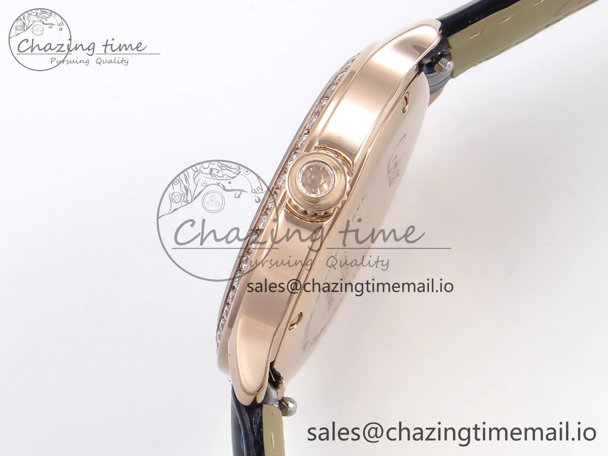 Ronde Louis Cartier 29mm RG DRF 1:1 Best Edition Sandblasted Beige Dial Diamonds Bezel on Blue Leather Strap Ronda Quartz