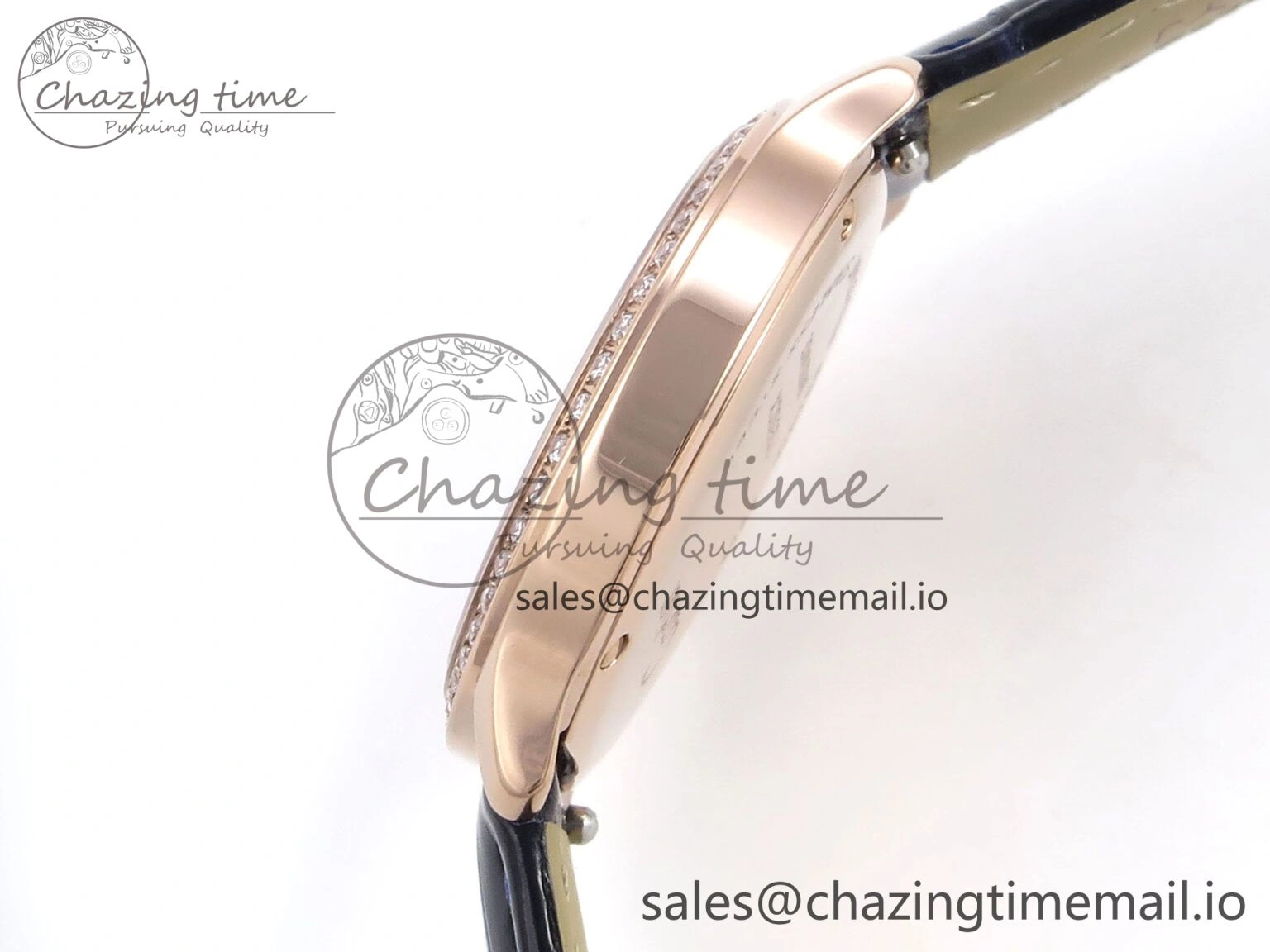 Ronde Louis Cartier 29mm RG DRF 1:1 Best Edition Sandblasted Beige Dial Diamonds Bezel on Blue Leather Strap Ronda Quartz