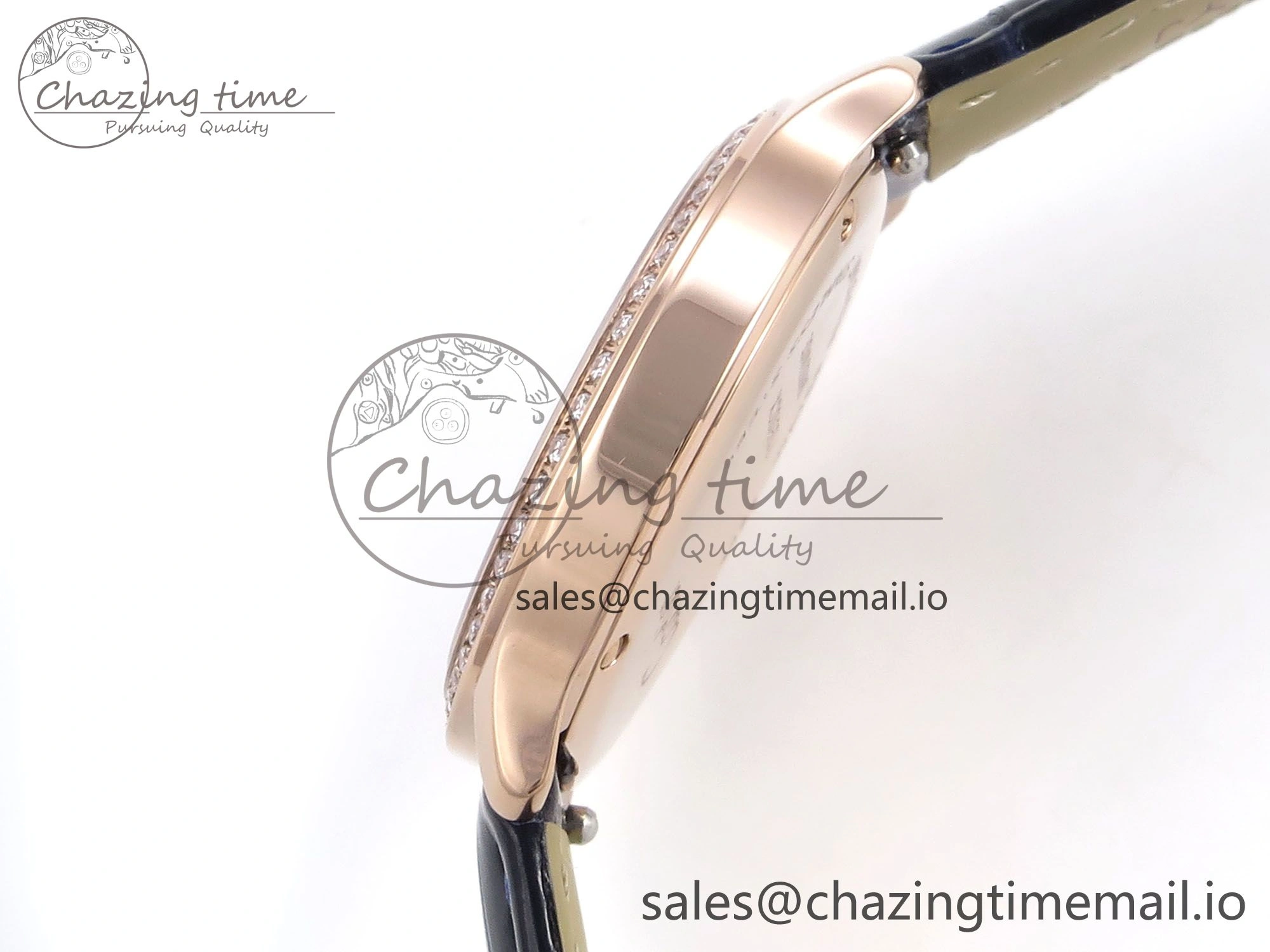 Ronde Louis Cartier 29mm RG DRF 1:1 Best Edition Sandblasted Beige Dial Diamonds Bezel on Blue Leather Strap Ronda Quartz