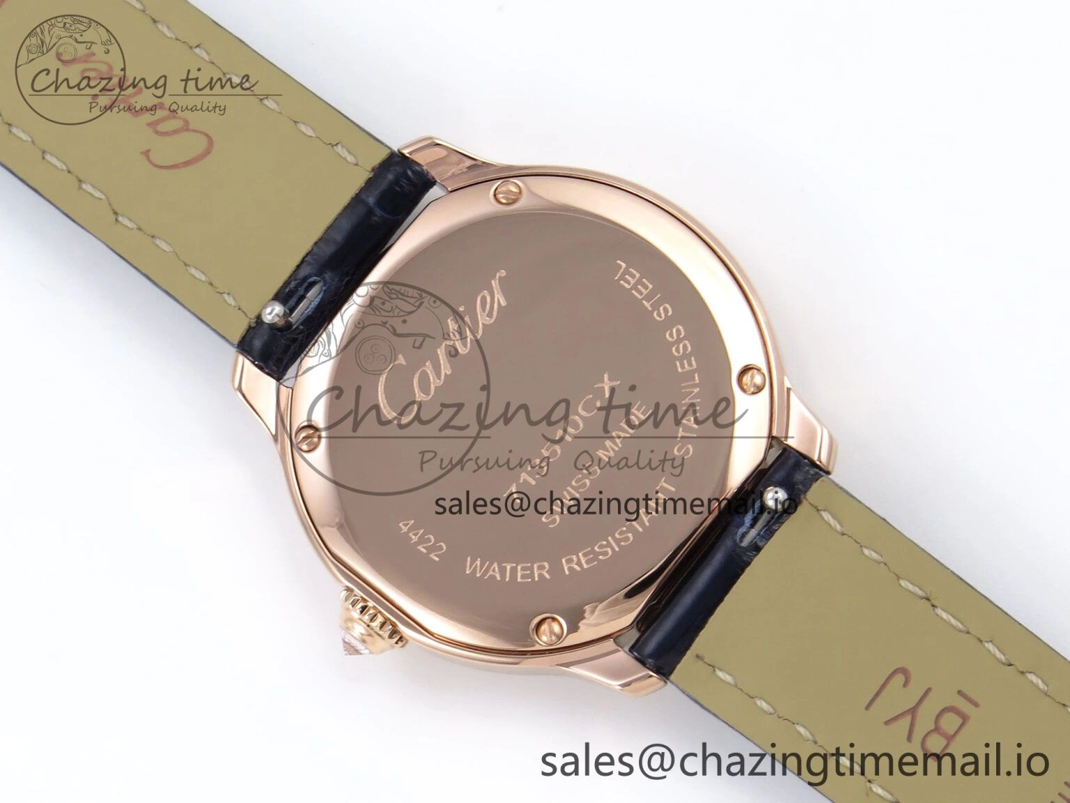 Ronde Louis Cartier 29mm RG DRF 1:1 Best Edition Sandblasted Beige Dial Diamonds Bezel on Blue Leather Strap Ronda Quartz
