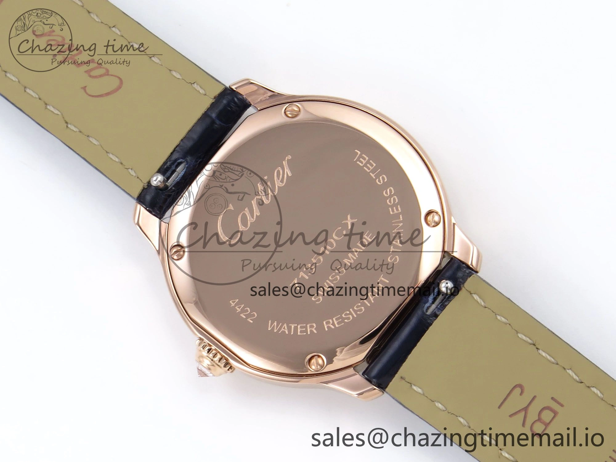 Ronde Louis Cartier 29mm RG DRF 1:1 Best Edition Sandblasted Beige Dial Diamonds Bezel on Blue Leather Strap Ronda Quartz