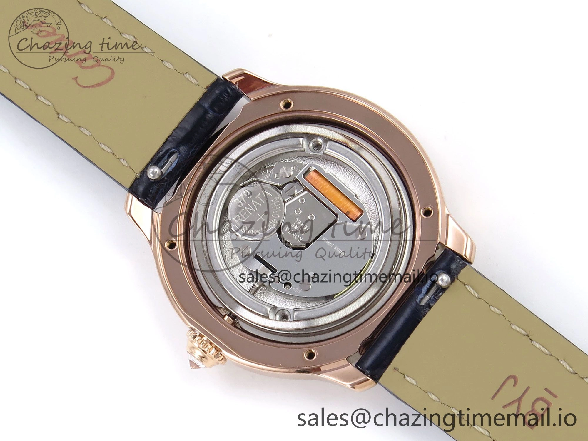 Ronde Louis Cartier 29mm RG DRF 1:1 Best Edition Sandblasted Beige Dial Diamonds Bezel on Blue Leather Strap Ronda Quartz