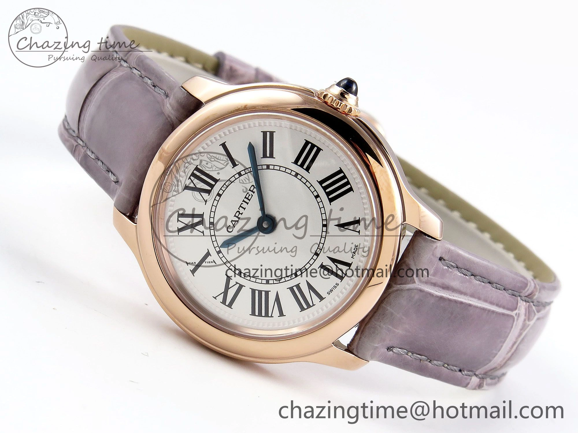 Ronde Louis Cartier 29mm RG DRF 1:1 Best Edition Sandblasted Beige Dial on Purple Leather Strap Ronda Quartz