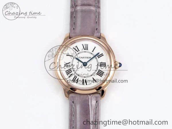 Ronde Louis Cartier 29mm RG DRF 1:1 Best Edition Sandblasted Beige Dial on Purple Leather Strap Ronda Quartz