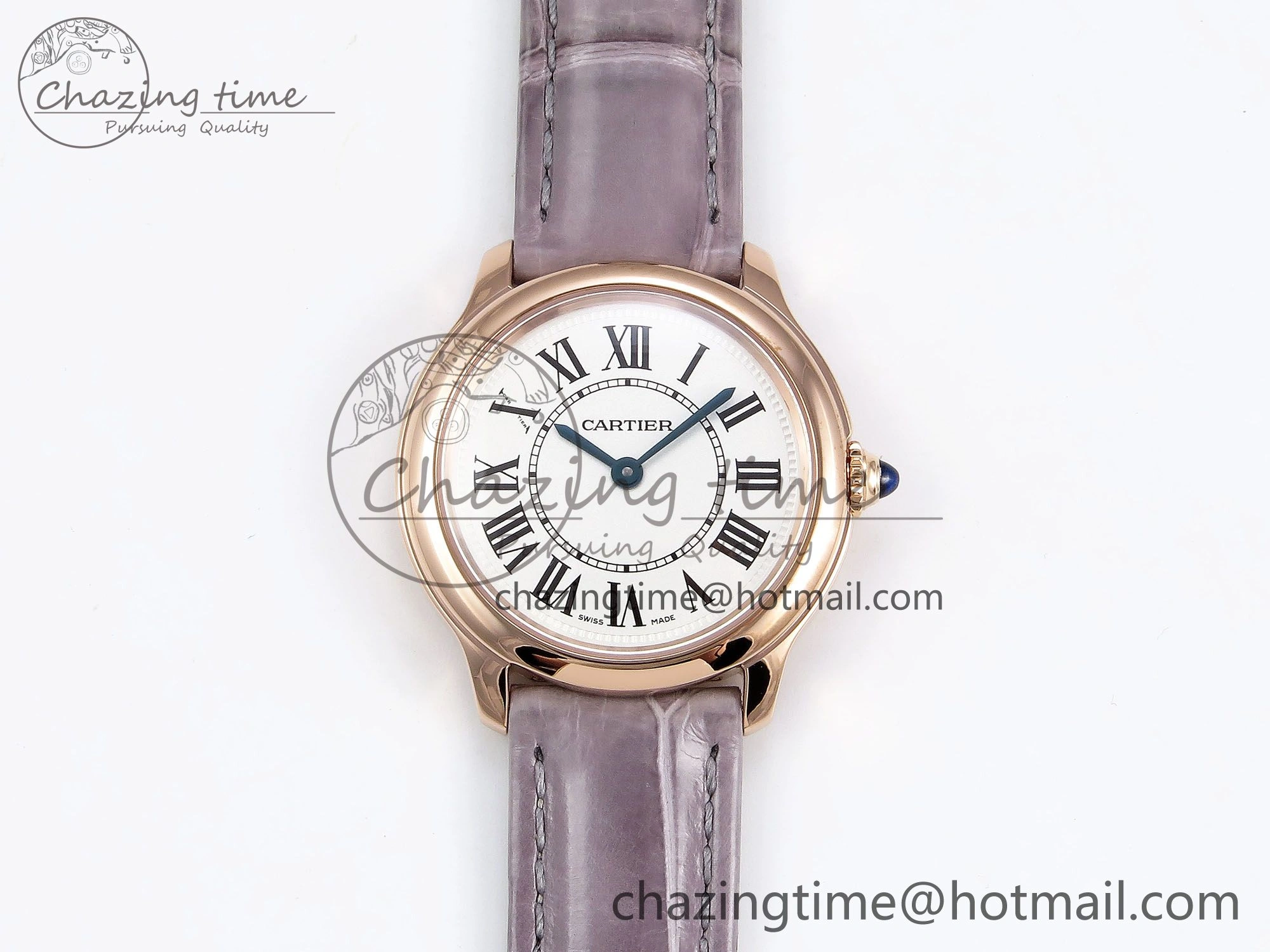 Ronde Louis Cartier 29mm RG DRF 1:1 Best Edition Sandblasted Beige Dial on Purple Leather Strap Ronda Quartz