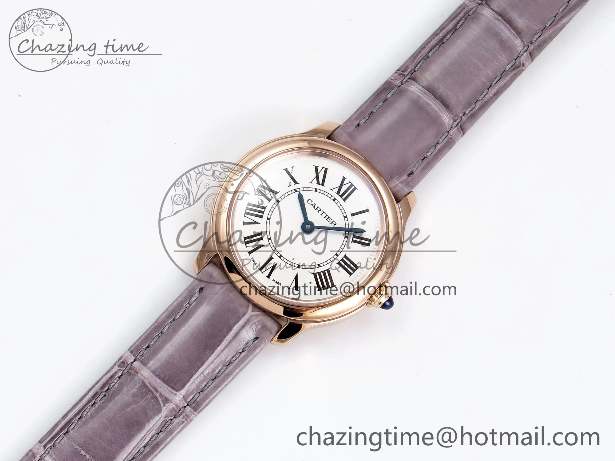 Ronde Louis Cartier 29mm RG DRF 1:1 Best Edition Sandblasted Beige Dial on Purple Leather Strap Ronda Quartz
