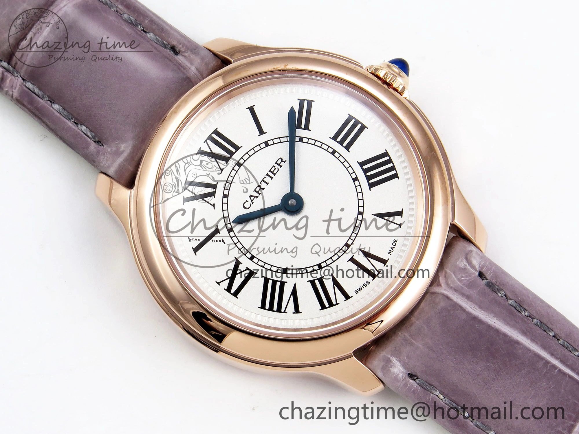 Ronde Louis Cartier 29mm RG DRF 1:1 Best Edition Sandblasted Beige Dial on Purple Leather Strap Ronda Quartz
