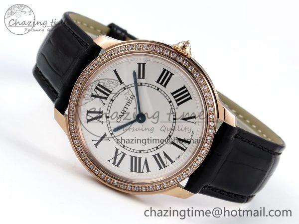 Ronde Louis Cartier 36mm RG DRF 1:1 Best Edition Sandblasted Beige Dial Diamonds Bezel on Black Leather Strap Ronda Quartz