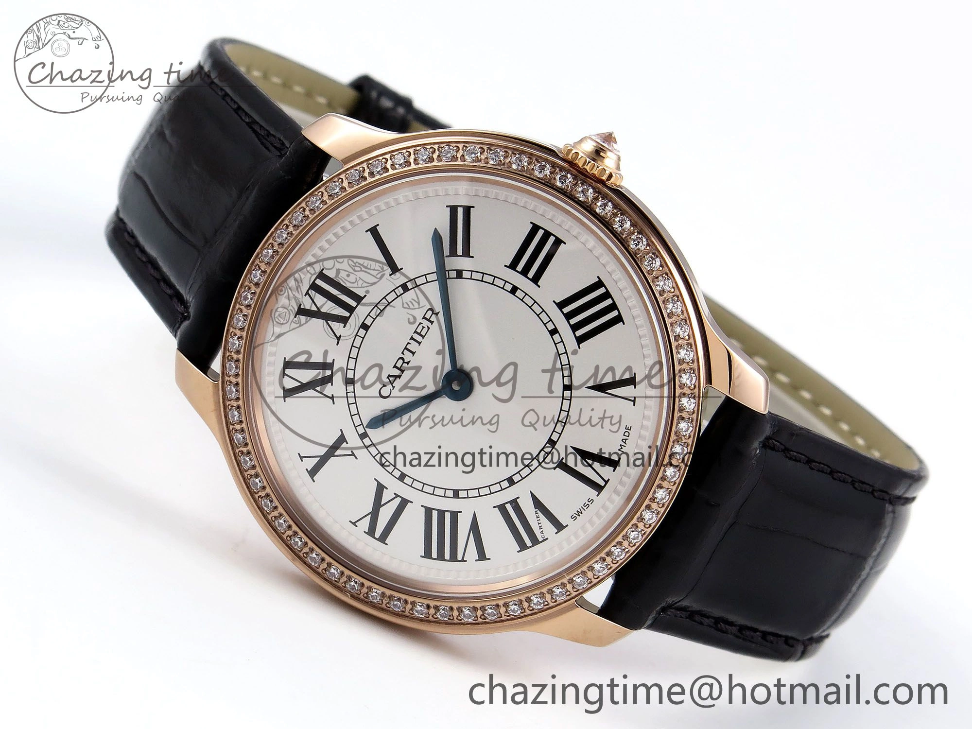 Ronde Louis Cartier 36mm RG DRF 1:1 Best Edition Sandblasted Beige Dial Diamonds Bezel on Black Leather Strap Ronda Quartz