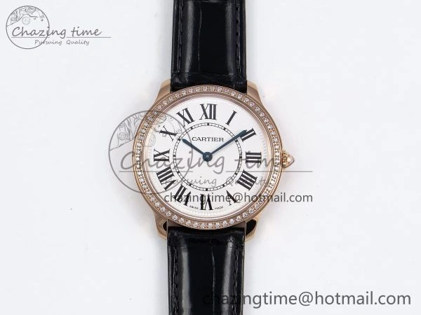Ronde Louis Cartier 36mm RG DRF 1:1 Best Edition Sandblasted Beige Dial Diamonds Bezel on Black Leather Strap Ronda Quartz