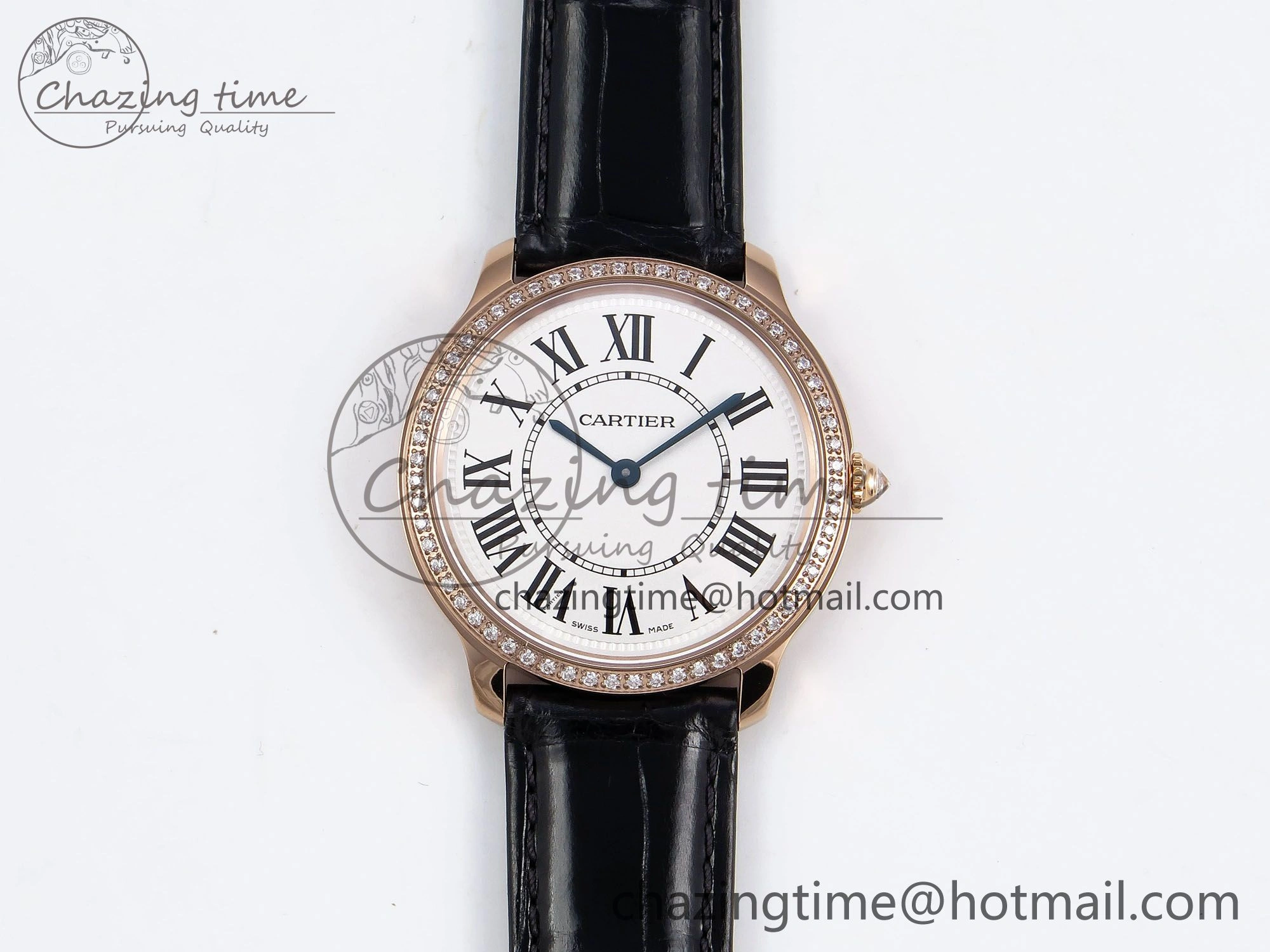 Ronde Louis Cartier 36mm RG DRF 1:1 Best Edition Sandblasted Beige Dial Diamonds Bezel on Black Leather Strap Ronda Quartz
