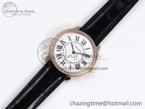 Ronde Louis Cartier 36mm RG DRF 1:1 Best Edition Sandblasted Beige Dial Diamonds Bezel on Black Leather Strap Ronda Quartz