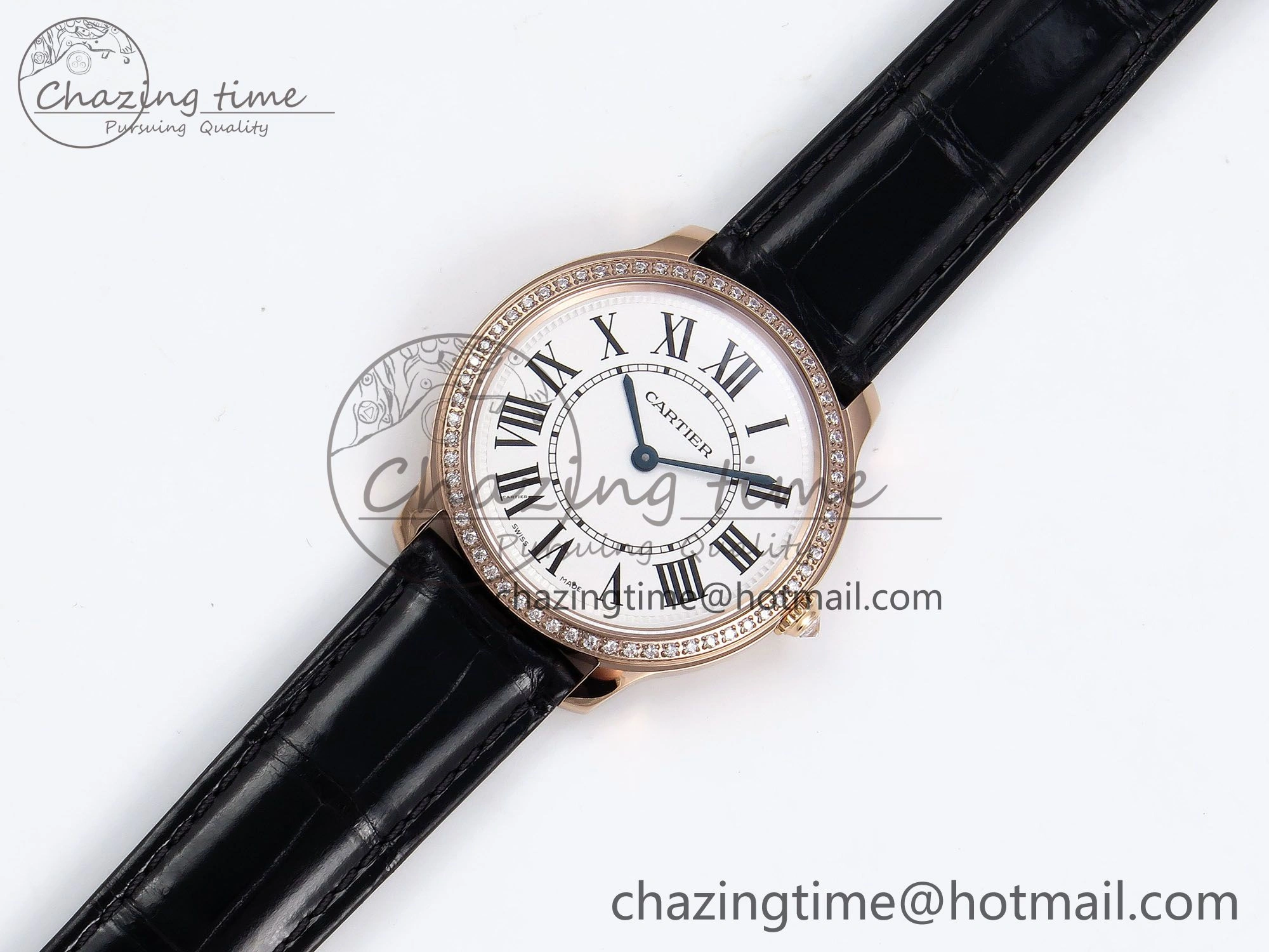 Ronde Louis Cartier 36mm RG DRF 1:1 Best Edition Sandblasted Beige Dial Diamonds Bezel on Black Leather Strap Ronda Quartz