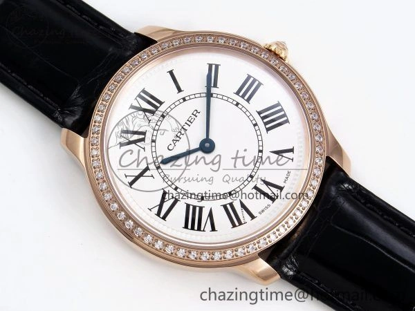 Ronde Louis Cartier 36mm RG DRF 1:1 Best Edition Sandblasted Beige Dial Diamonds Bezel on Black Leather Strap Ronda Quartz
