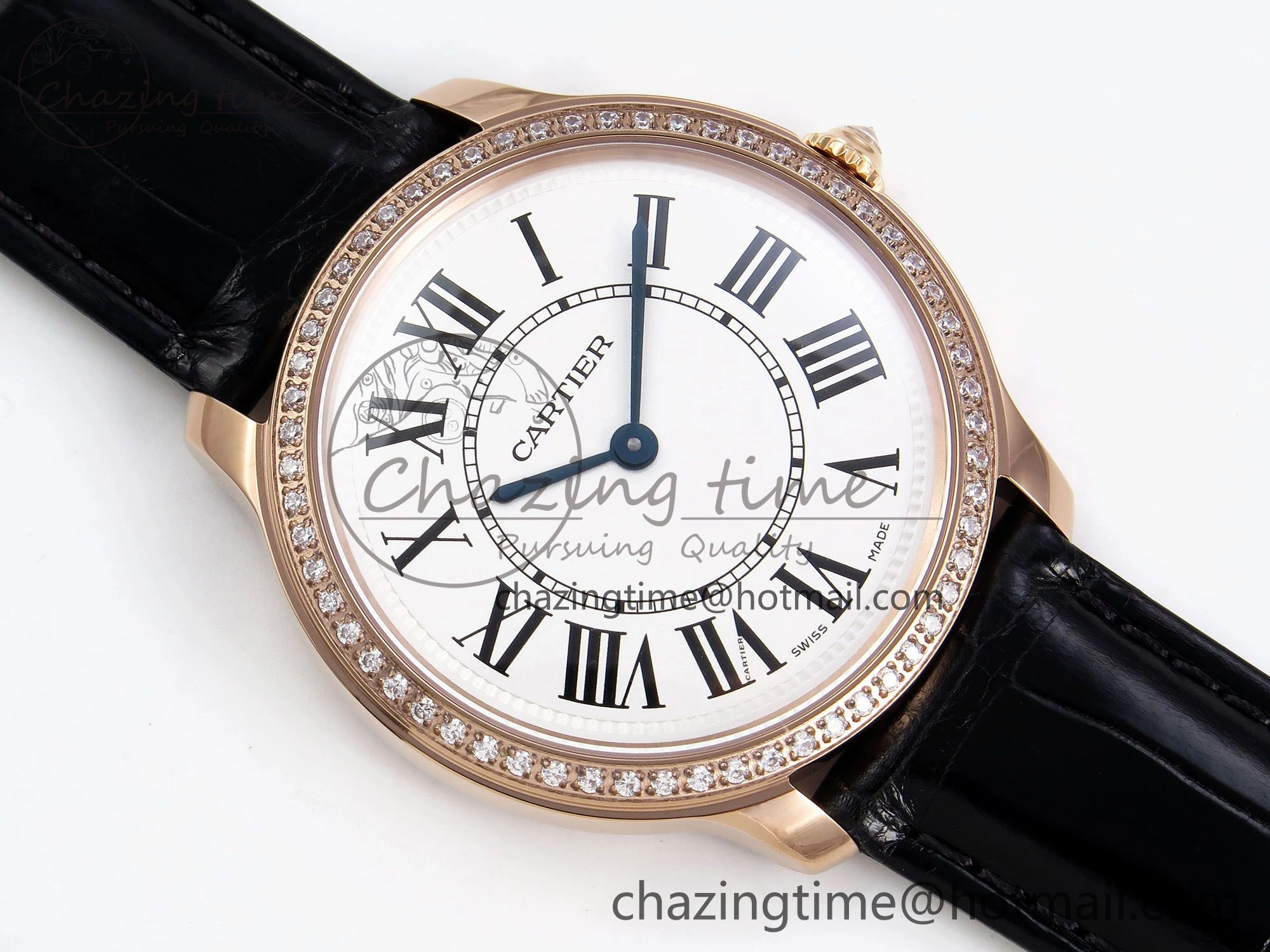 Ronde Louis Cartier 36mm RG DRF 1:1 Best Edition Sandblasted Beige Dial Diamonds Bezel on Black Leather Strap Ronda Quartz