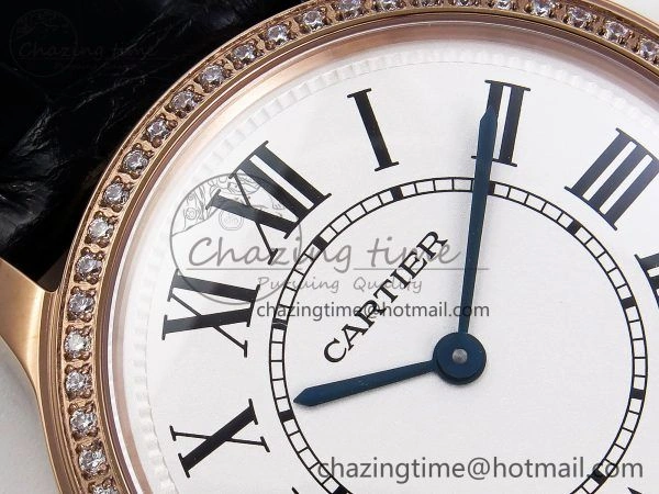 Ronde Louis Cartier 36mm RG DRF 1:1 Best Edition Sandblasted Beige Dial Diamonds Bezel on Black Leather Strap Ronda Quartz