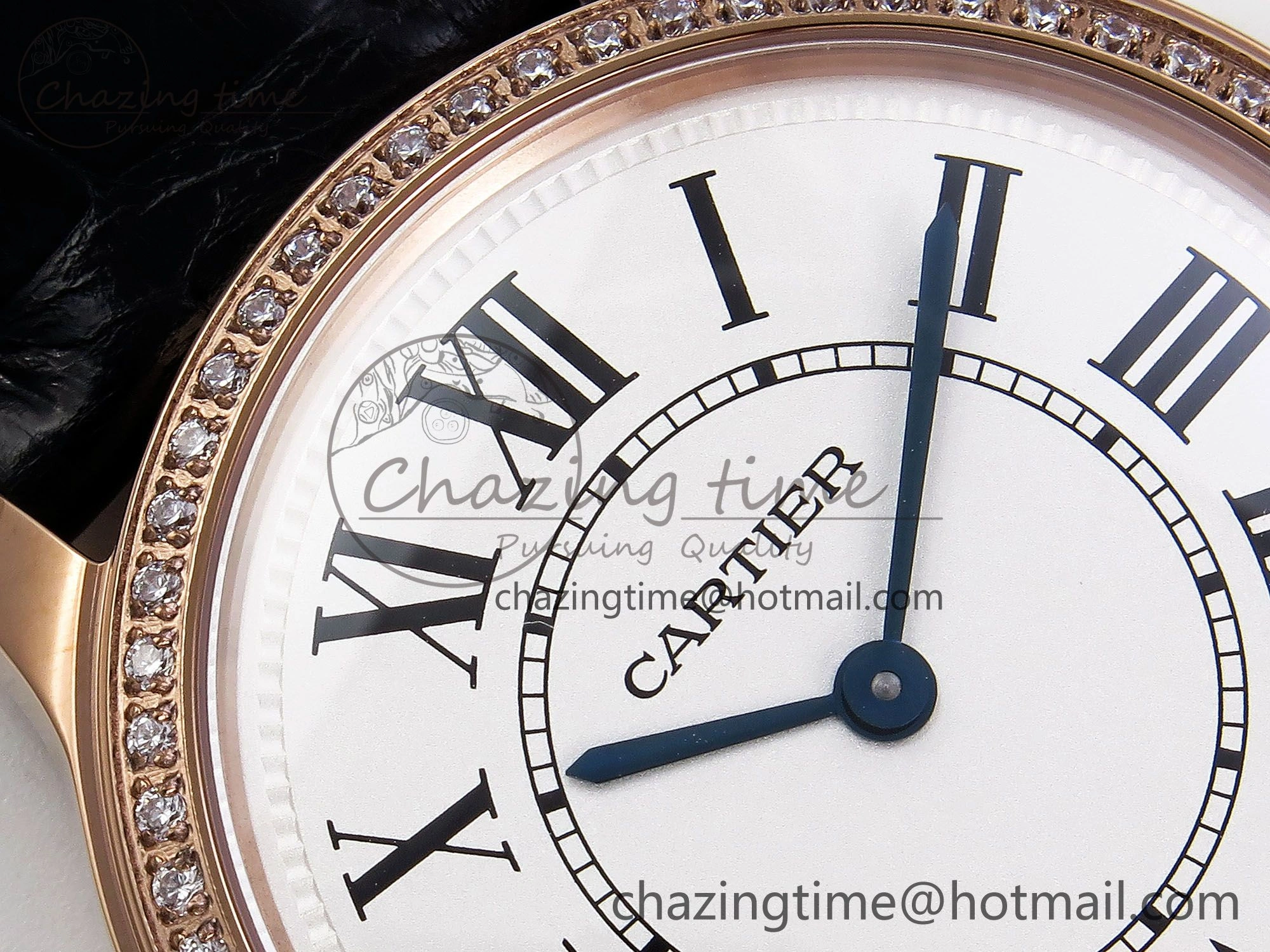 Ronde Louis Cartier 36mm RG DRF 1:1 Best Edition Sandblasted Beige Dial Diamonds Bezel on Black Leather Strap Ronda Quartz