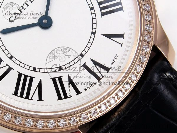 Ronde Louis Cartier 36mm RG DRF 1:1 Best Edition Sandblasted Beige Dial Diamonds Bezel on Black Leather Strap Ronda Quartz