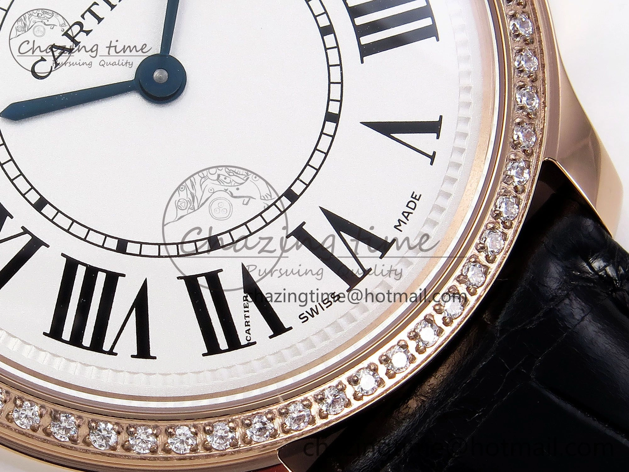 Ronde Louis Cartier 36mm RG DRF 1:1 Best Edition Sandblasted Beige Dial Diamonds Bezel on Black Leather Strap Ronda Quartz