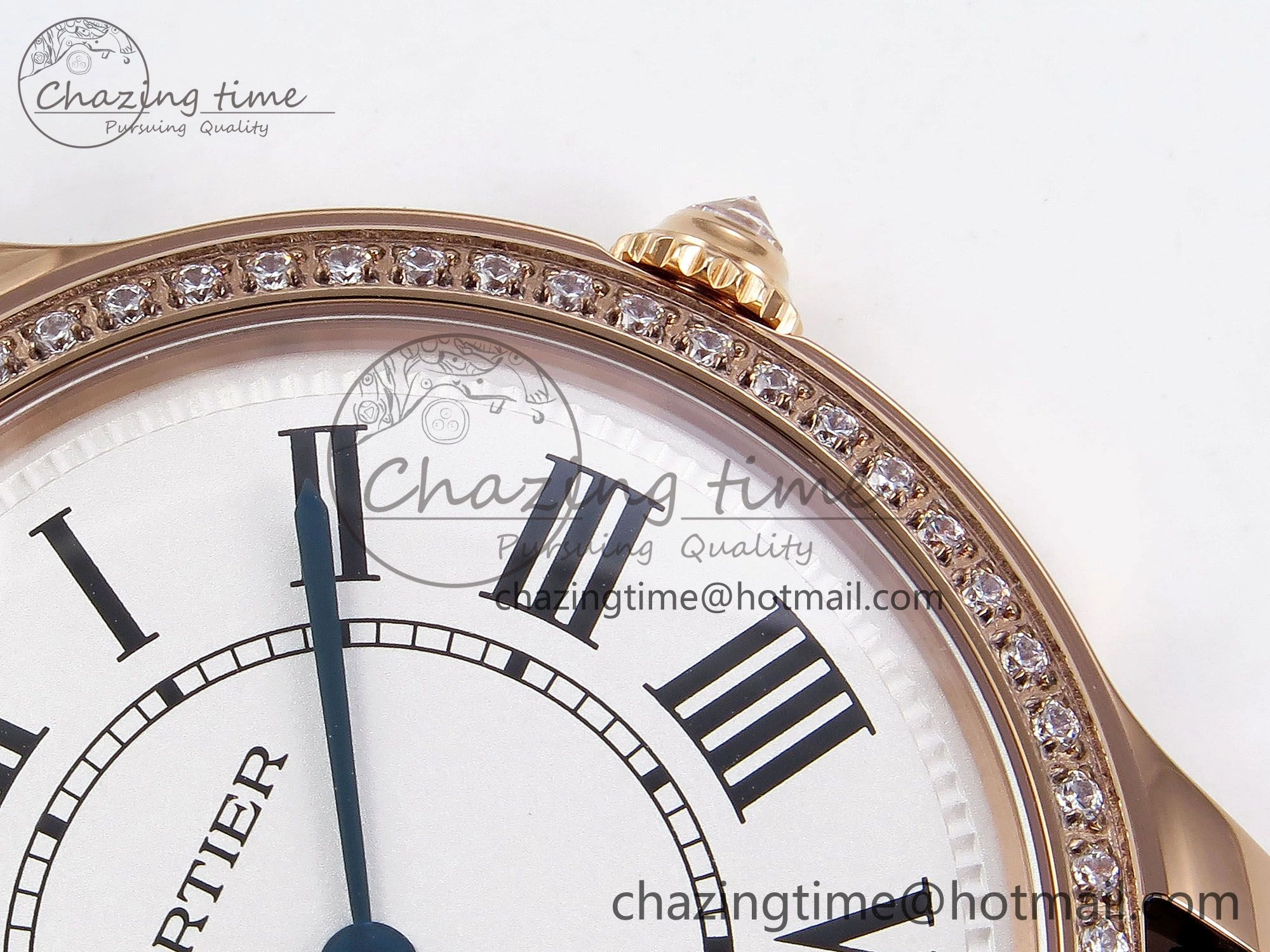 Ronde Louis Cartier 36mm RG DRF 1:1 Best Edition Sandblasted Beige Dial Diamonds Bezel on Black Leather Strap Ronda Quartz