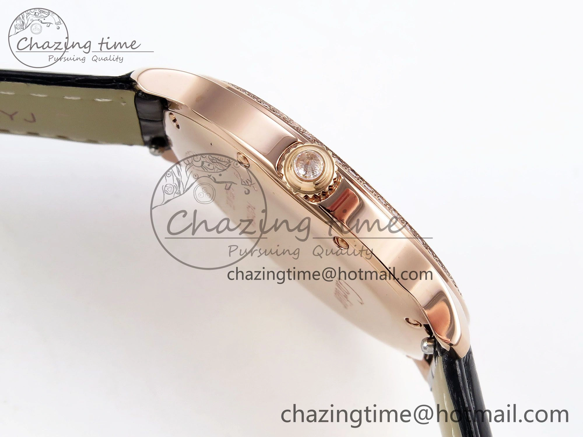 Ronde Louis Cartier 36mm RG DRF 1:1 Best Edition Sandblasted Beige Dial Diamonds Bezel on Black Leather Strap Ronda Quartz