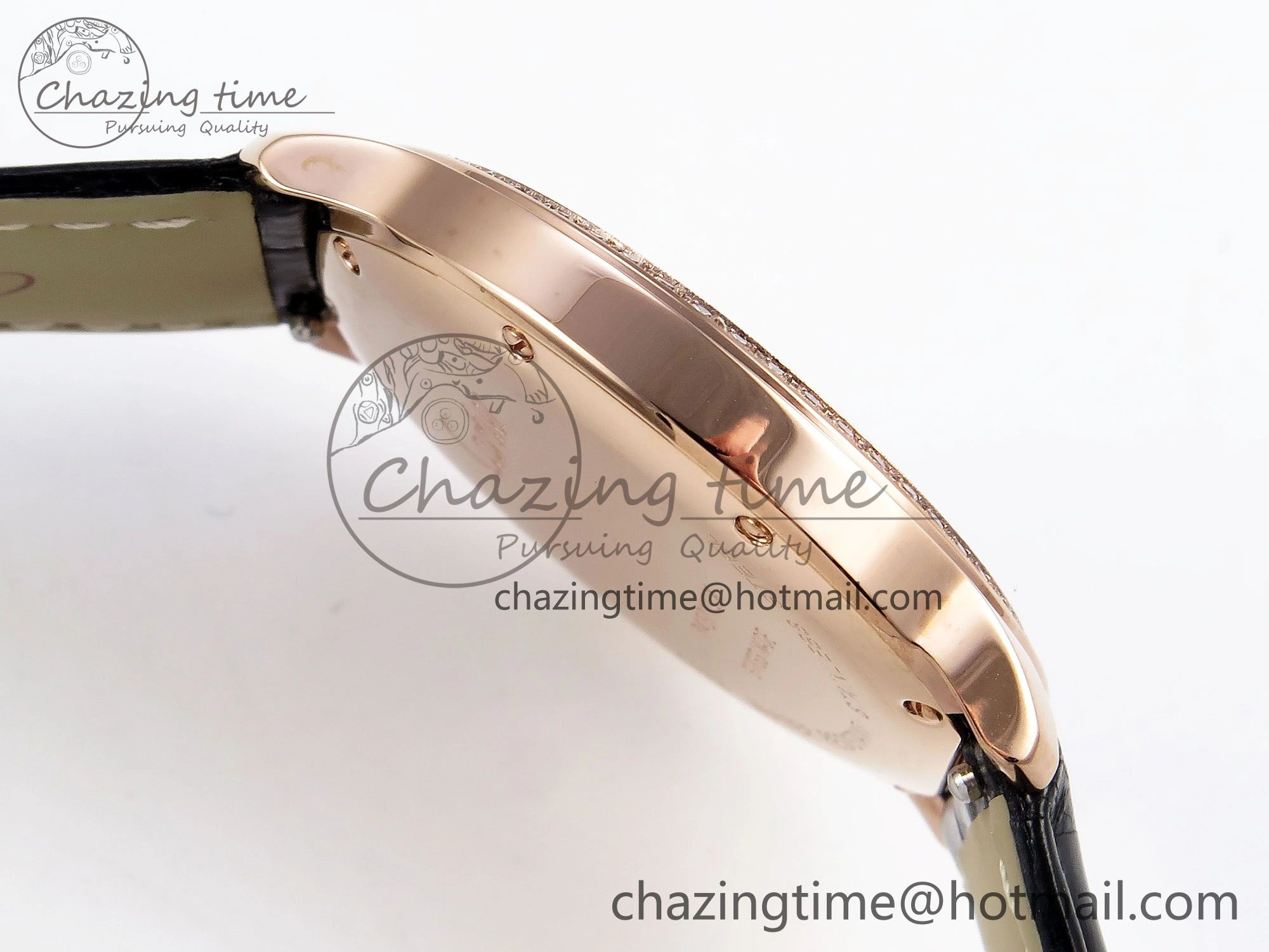 Ronde Louis Cartier 36mm RG DRF 1:1 Best Edition Sandblasted Beige Dial Diamonds Bezel on Black Leather Strap Ronda Quartz
