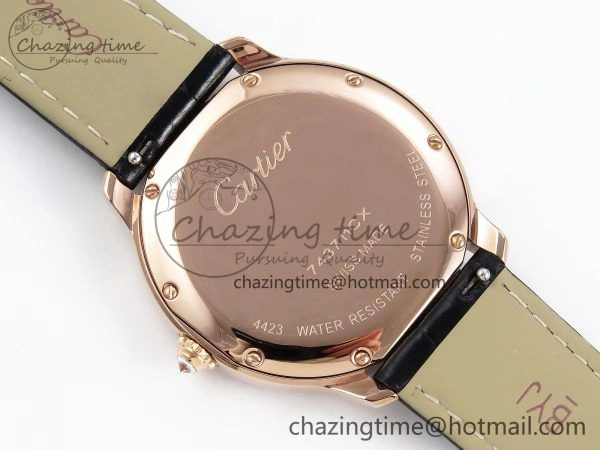 Ronde Louis Cartier 36mm RG DRF 1:1 Best Edition Sandblasted Beige Dial Diamonds Bezel on Black Leather Strap Ronda Quartz