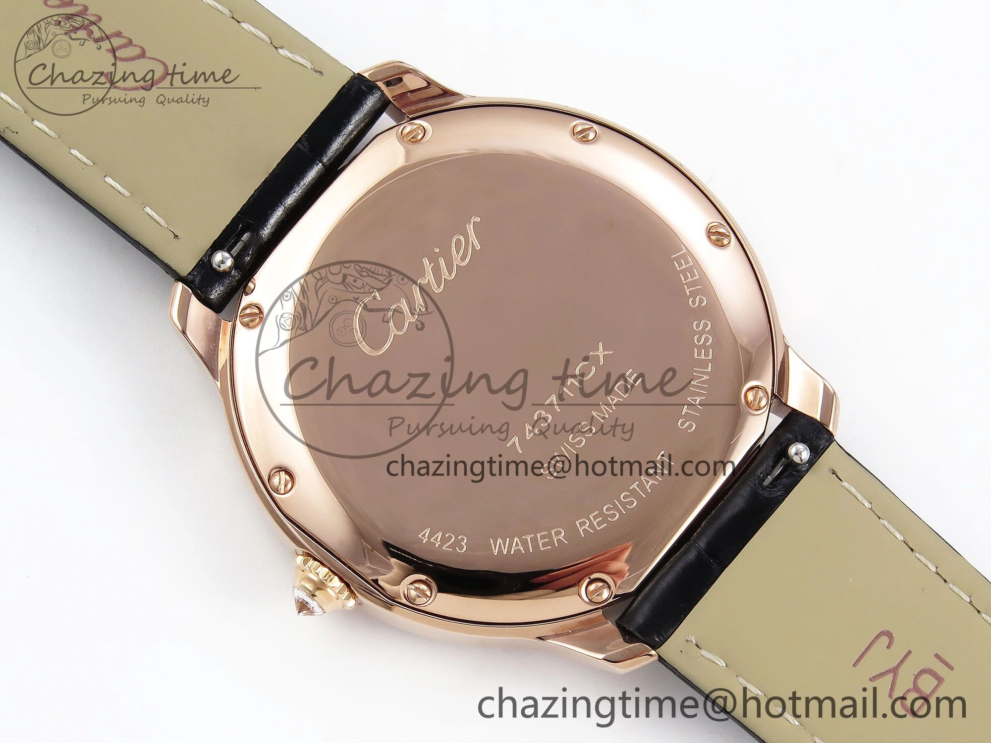 Ronde Louis Cartier 36mm RG DRF 1:1 Best Edition Sandblasted Beige Dial Diamonds Bezel on Black Leather Strap Ronda Quartz