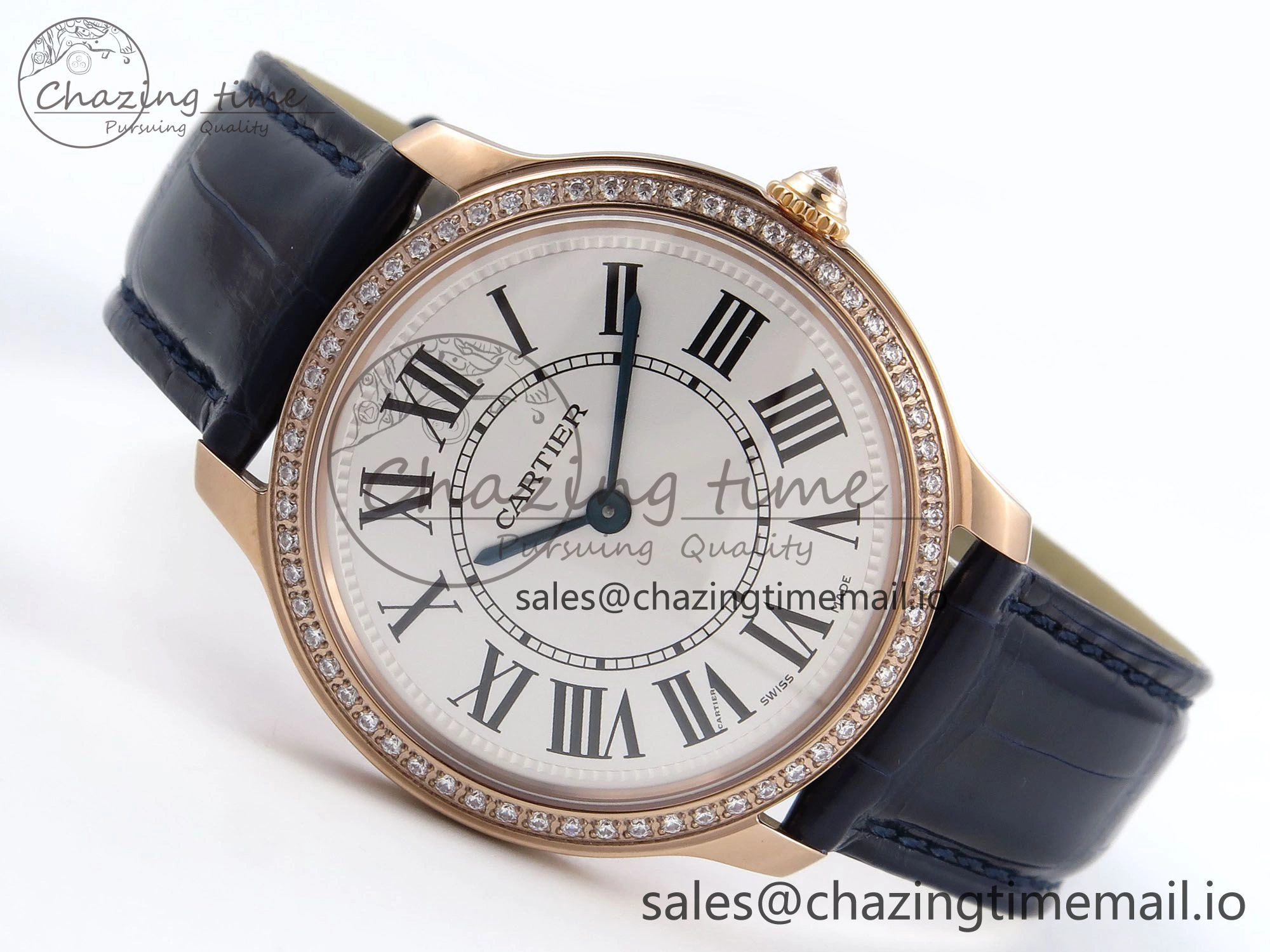 Ronde Louis Cartier 36mm RG DRF 1:1 Best Edition Sandblasted Beige Dial Diamonds Bezel on Blue Leather Strap Ronda Quartz