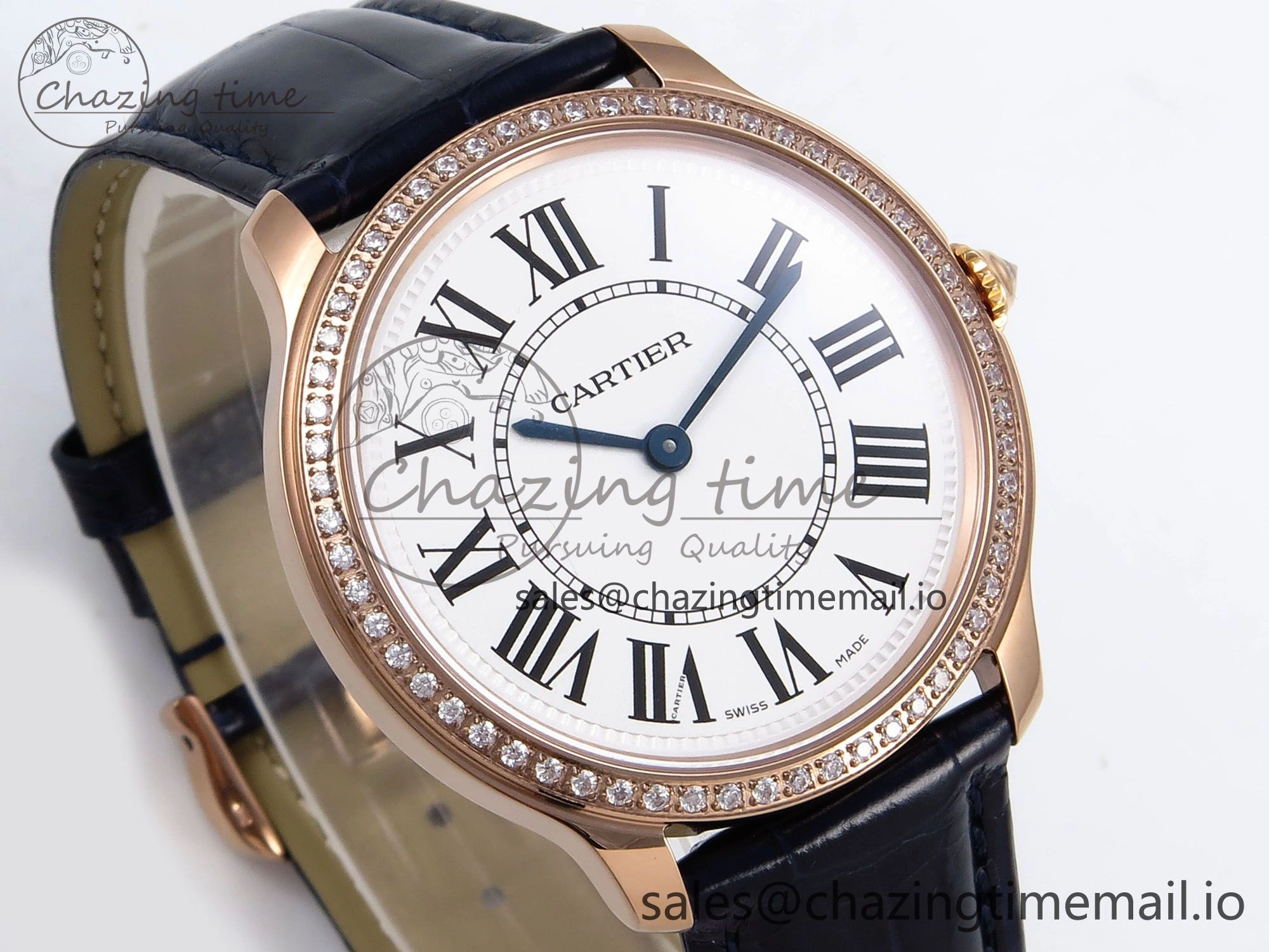 Ronde Louis Cartier 36mm RG DRF 1:1 Best Edition Sandblasted Beige Dial Diamonds Bezel on Blue Leather Strap Ronda Quartz