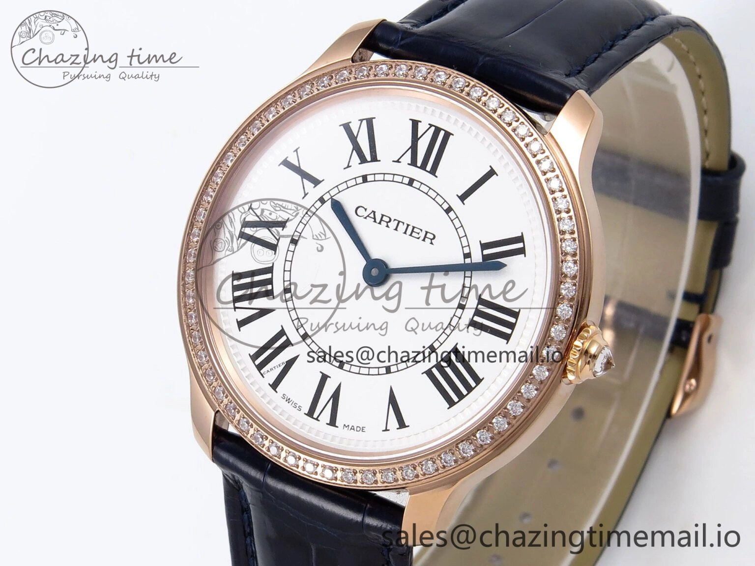 Ronde Louis Cartier 36mm RG DRF 1:1 Best Edition Sandblasted Beige Dial Diamonds Bezel on Blue Leather Strap Ronda Quartz