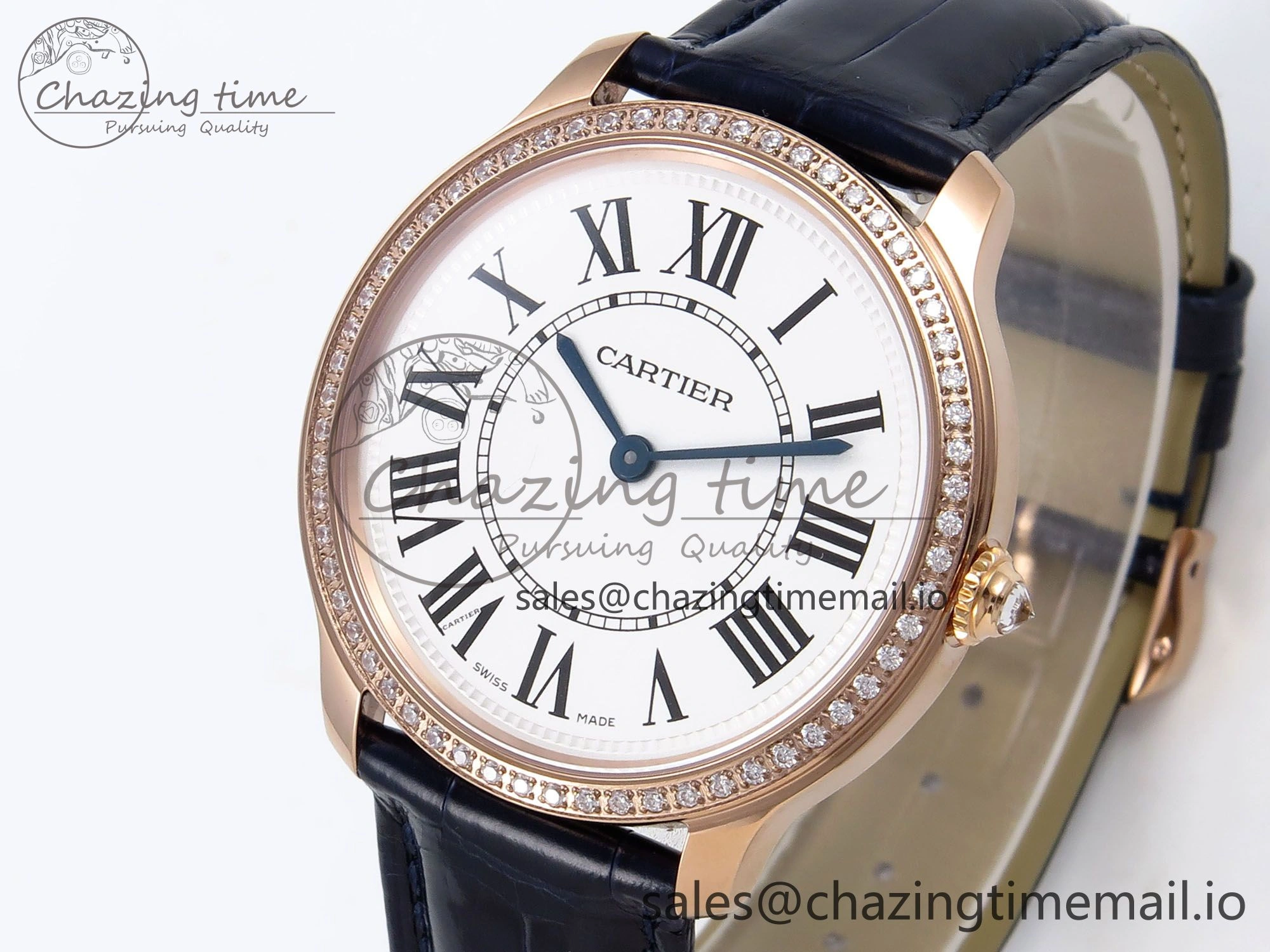 Ronde Louis Cartier 36mm RG DRF 1:1 Best Edition Sandblasted Beige Dial Diamonds Bezel on Blue Leather Strap Ronda Quartz