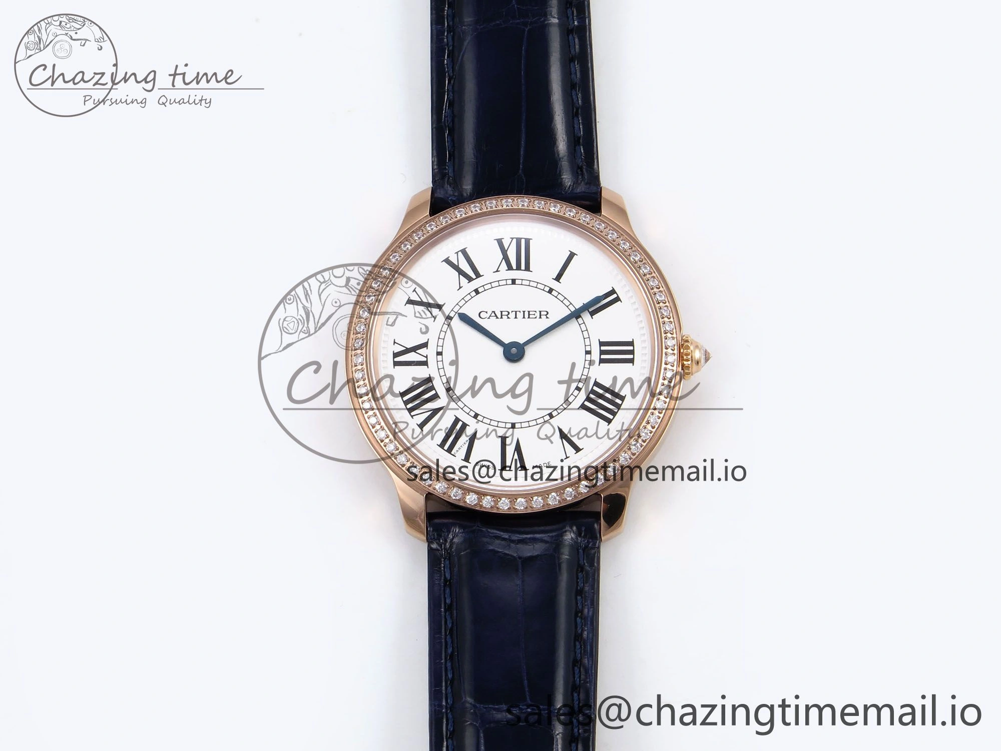 Ronde Louis Cartier 36mm RG DRF 1:1 Best Edition Sandblasted Beige Dial Diamonds Bezel on Blue Leather Strap Ronda Quartz