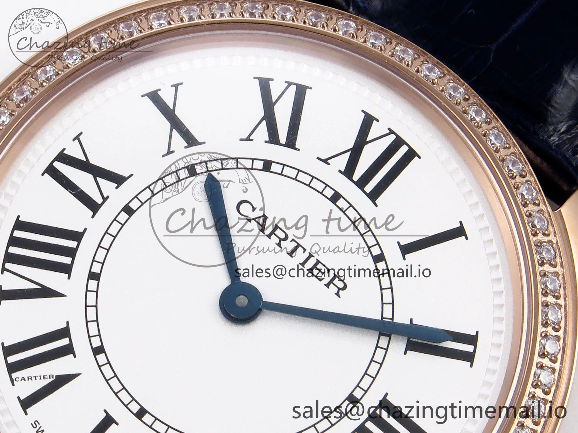 Ronde Louis Cartier 36mm RG DRF 1:1 Best Edition Sandblasted Beige Dial Diamonds Bezel on Blue Leather Strap Ronda Quartz