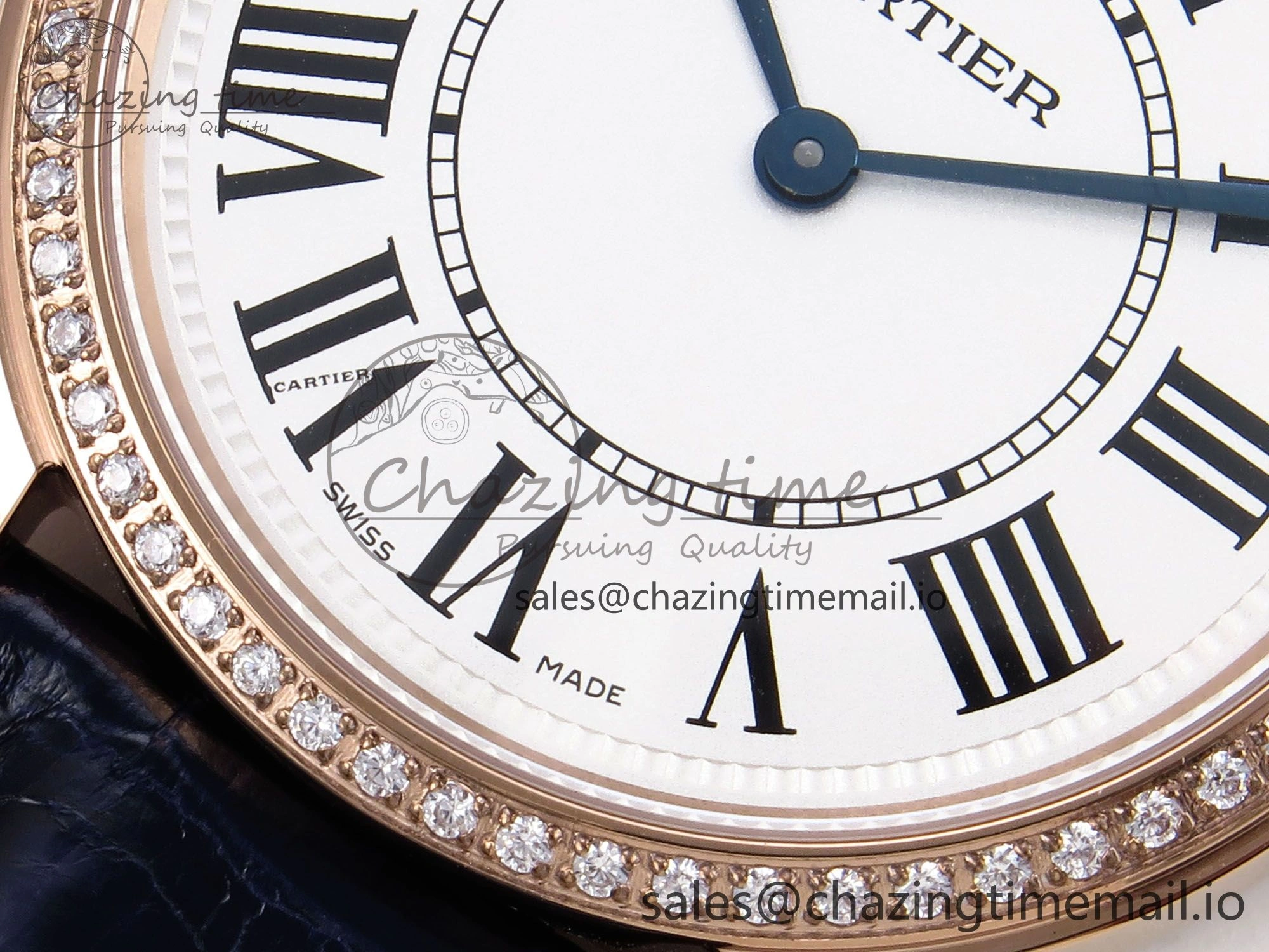 Ronde Louis Cartier 36mm RG DRF 1:1 Best Edition Sandblasted Beige Dial Diamonds Bezel on Blue Leather Strap Ronda Quartz
