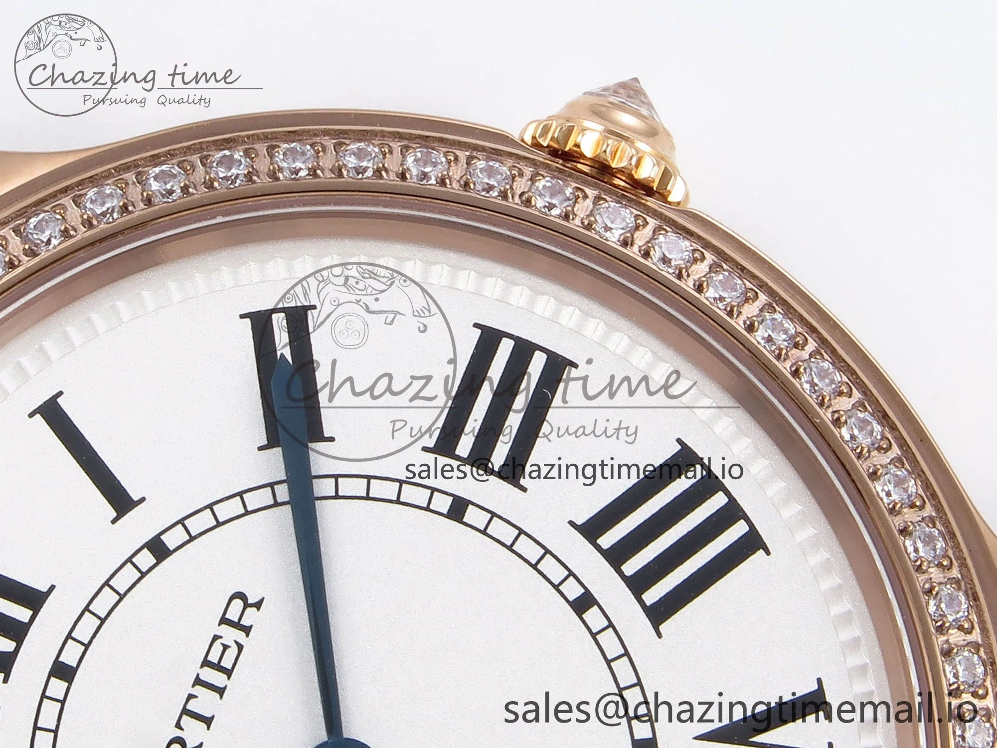 Ronde Louis Cartier 36mm RG DRF 1:1 Best Edition Sandblasted Beige Dial Diamonds Bezel on Blue Leather Strap Ronda Quartz
