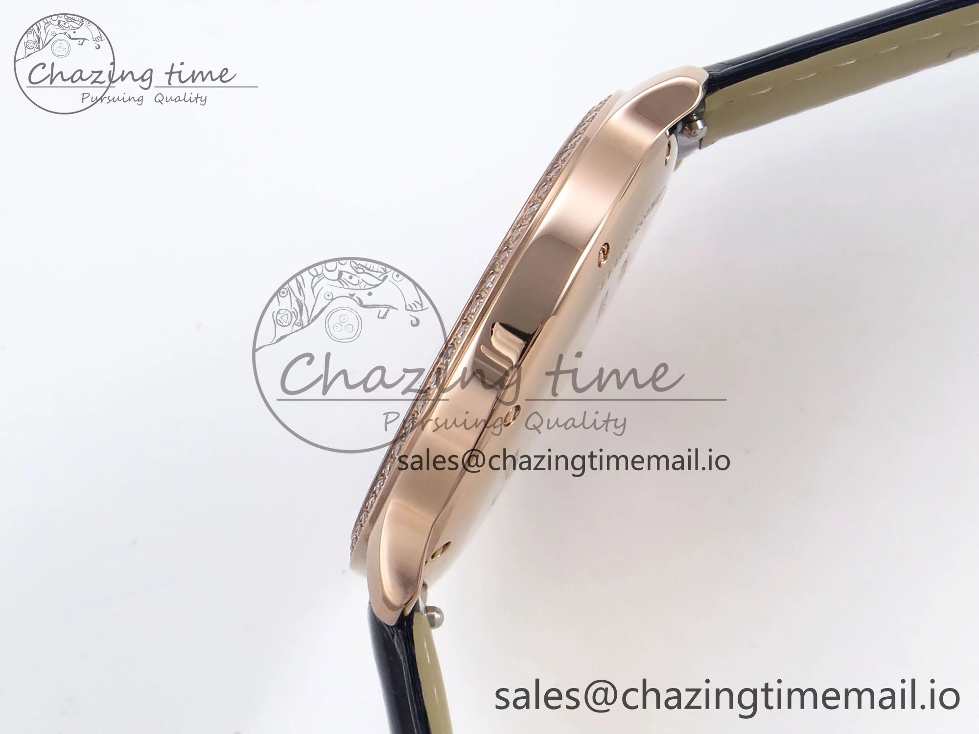 Ronde Louis Cartier 36mm RG DRF 1:1 Best Edition Sandblasted Beige Dial Diamonds Bezel on Blue Leather Strap Ronda Quartz
