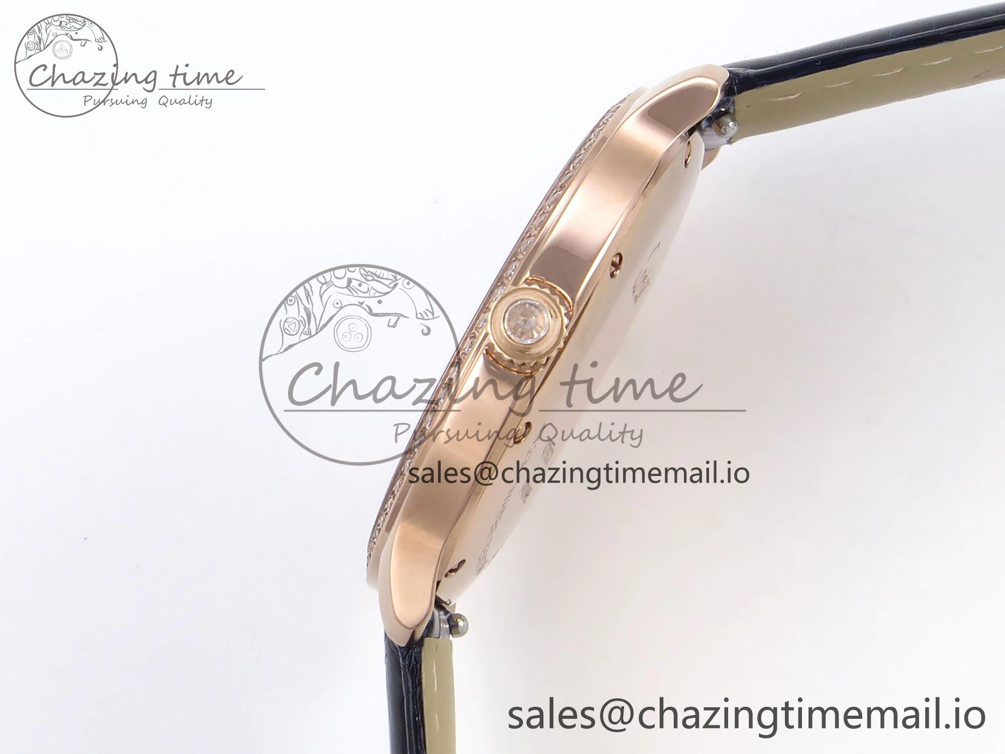 Ronde Louis Cartier 36mm RG DRF 1:1 Best Edition Sandblasted Beige Dial Diamonds Bezel on Blue Leather Strap Ronda Quartz