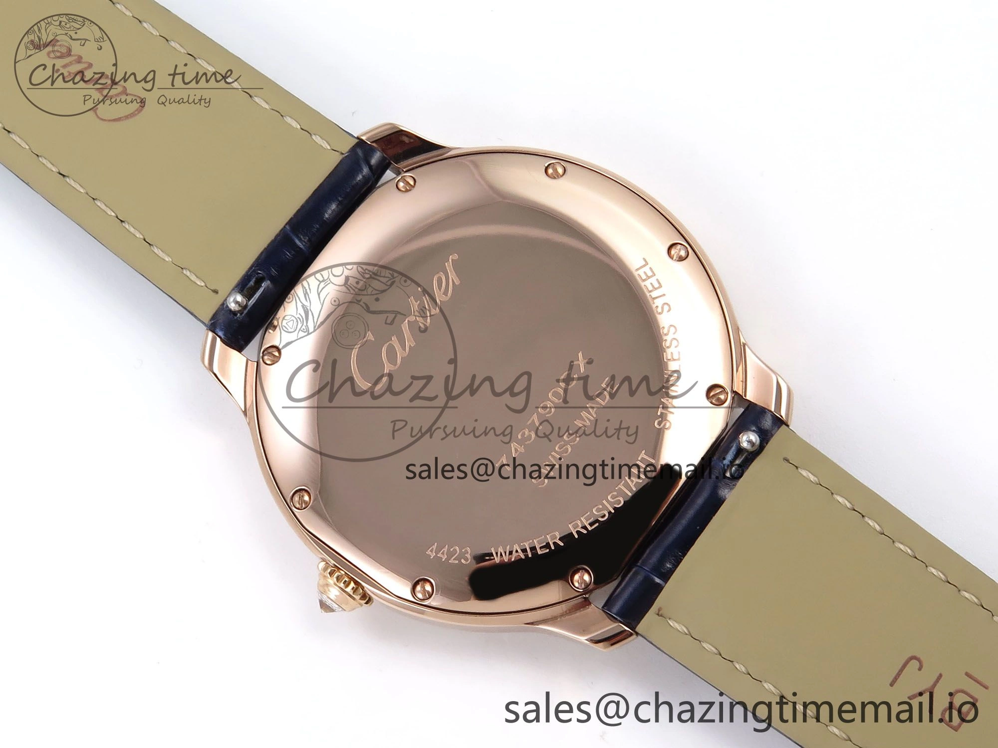 Ronde Louis Cartier 36mm RG DRF 1:1 Best Edition Sandblasted Beige Dial Diamonds Bezel on Blue Leather Strap Ronda Quartz