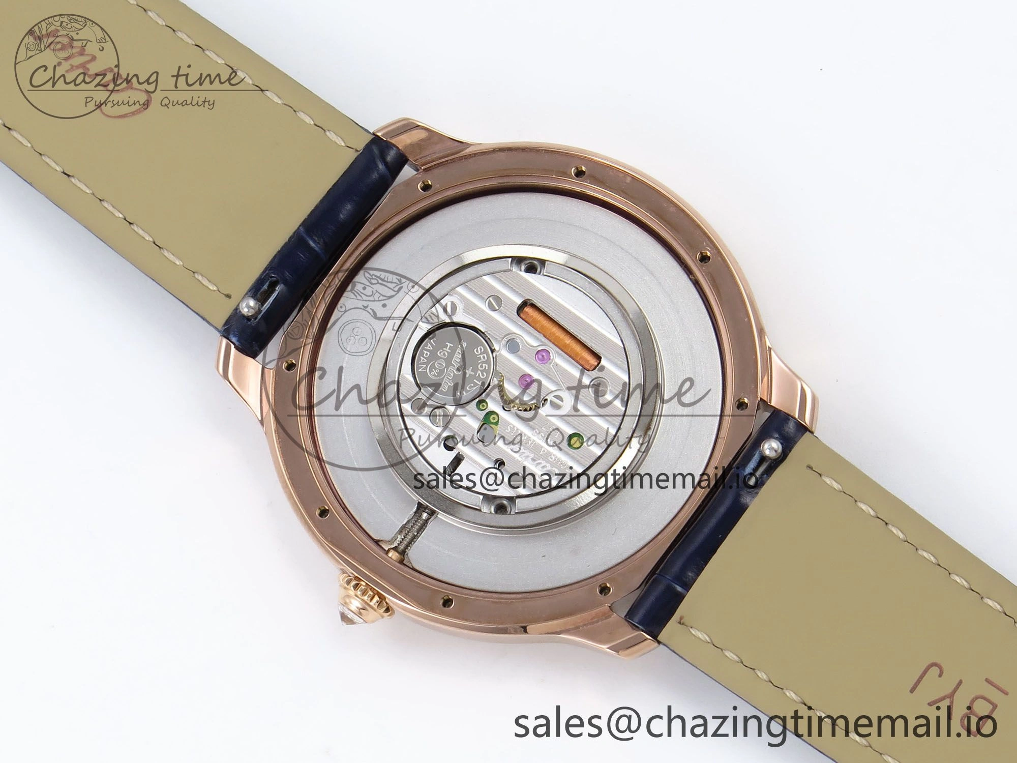 Ronde Louis Cartier 36mm RG DRF 1:1 Best Edition Sandblasted Beige Dial Diamonds Bezel on Blue Leather Strap Ronda Quartz