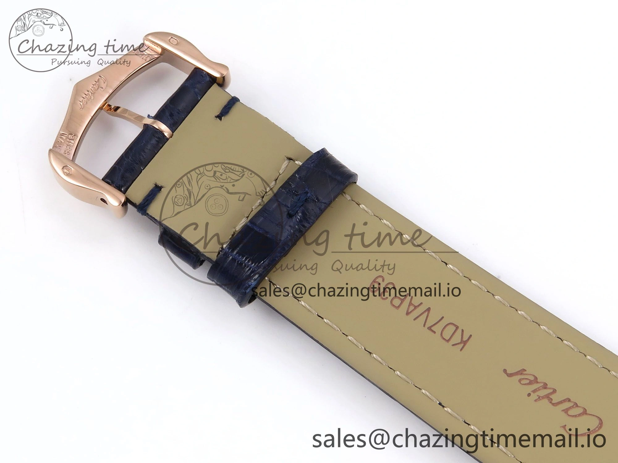 Ronde Louis Cartier 36mm RG DRF 1:1 Best Edition Sandblasted Beige Dial Diamonds Bezel on Blue Leather Strap Ronda Quartz