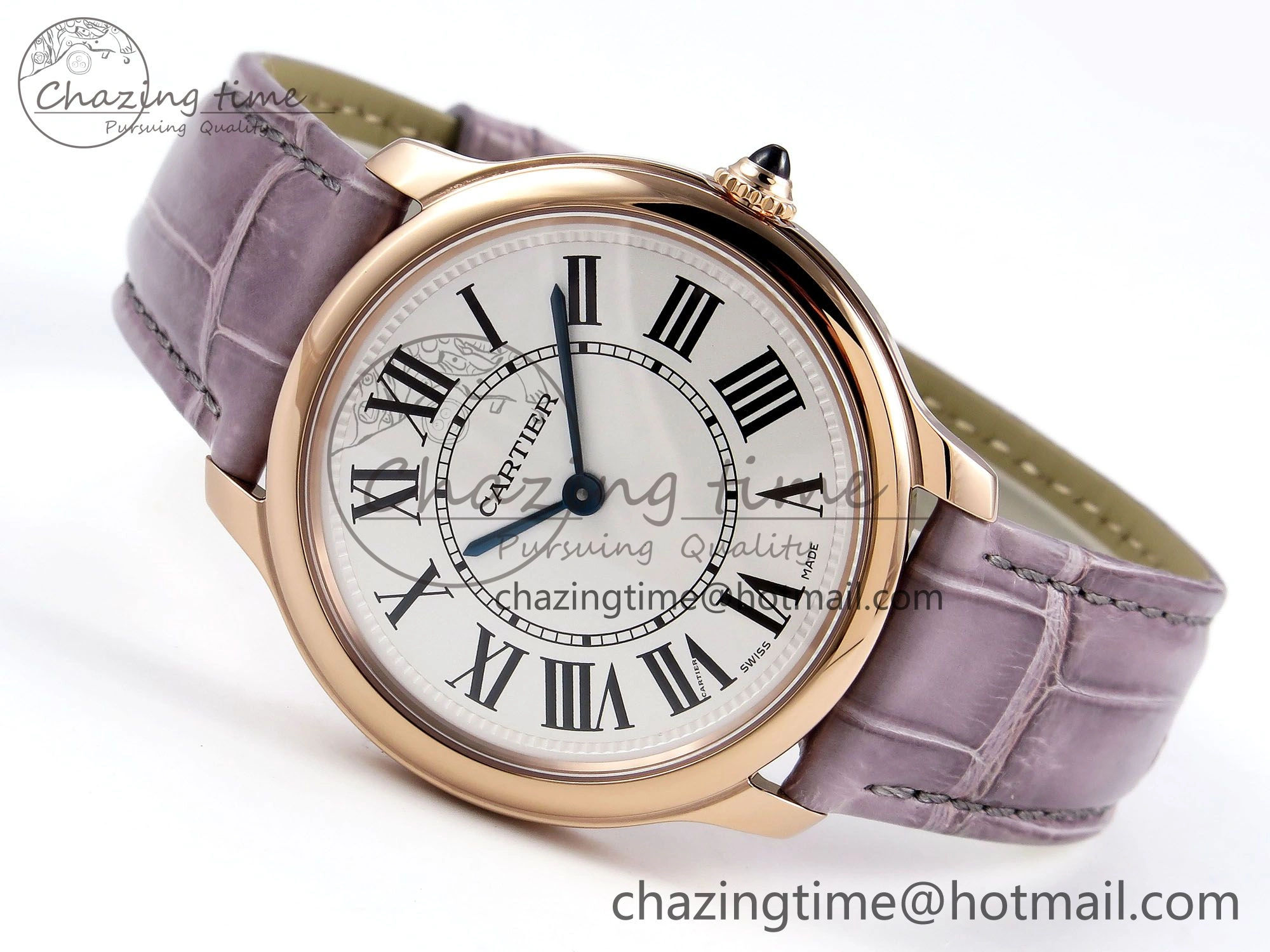 Ronde Louis Cartier 36mm RG DRF 1:1 Best Edition Sandblasted Beige Dial on Purple Leather Strap Ronda Quartz