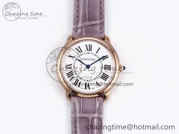 Ronde Louis Cartier 36mm RG DRF 1:1 Best Edition Sandblasted Beige Dial on Purple Leather Strap Ronda Quartz