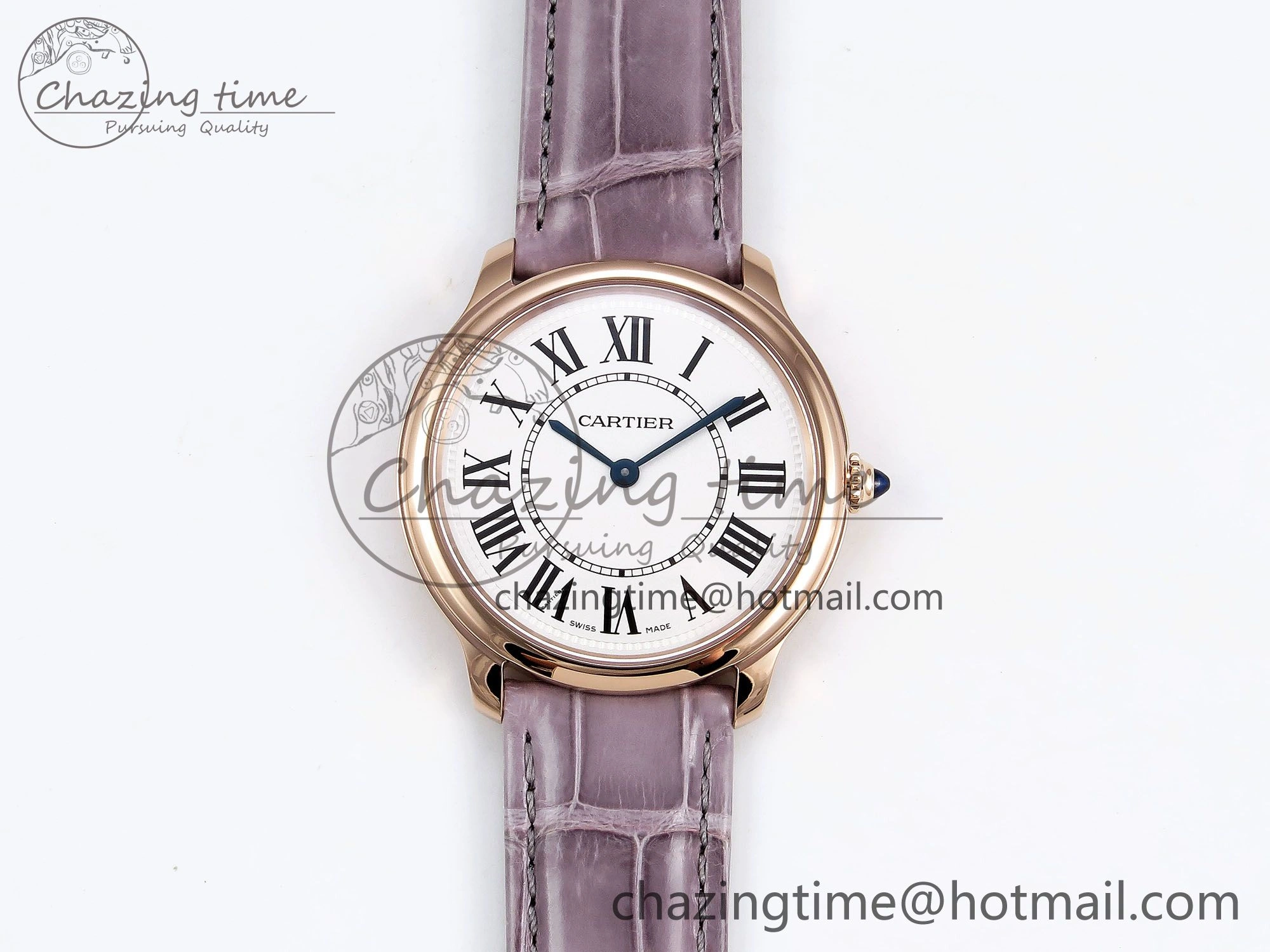 Ronde Louis Cartier 36mm RG DRF 1:1 Best Edition Sandblasted Beige Dial on Purple Leather Strap Ronda Quartz